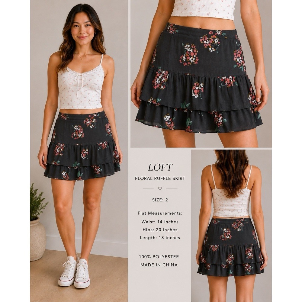 LOFT Floral Ruffle Tiered Mini Skirt Size 2 Dark Gray Flowy Fairycore Coquette
